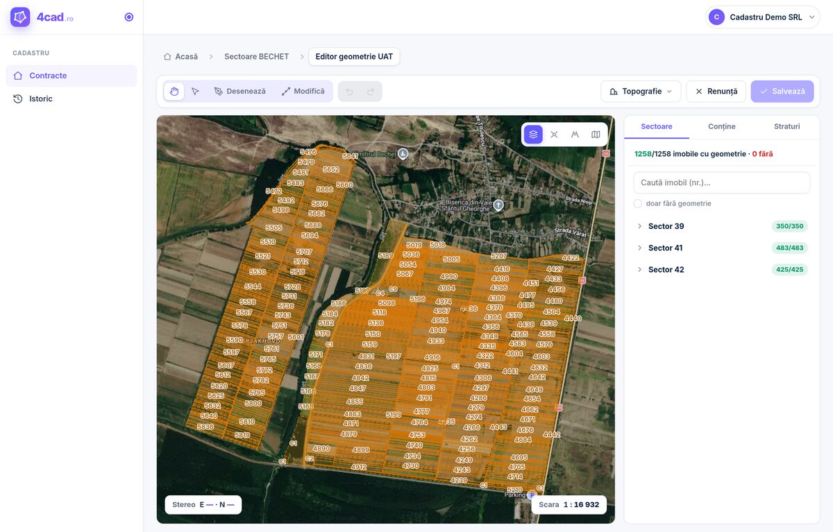 Editorul de hartă 4cad cu imobilele unui UAT pe sectoare, în proiecția Stereo70