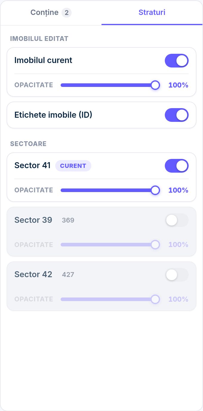 Panoul de straturi din editorul de hartă 4cad, cu control per imobil și per sector