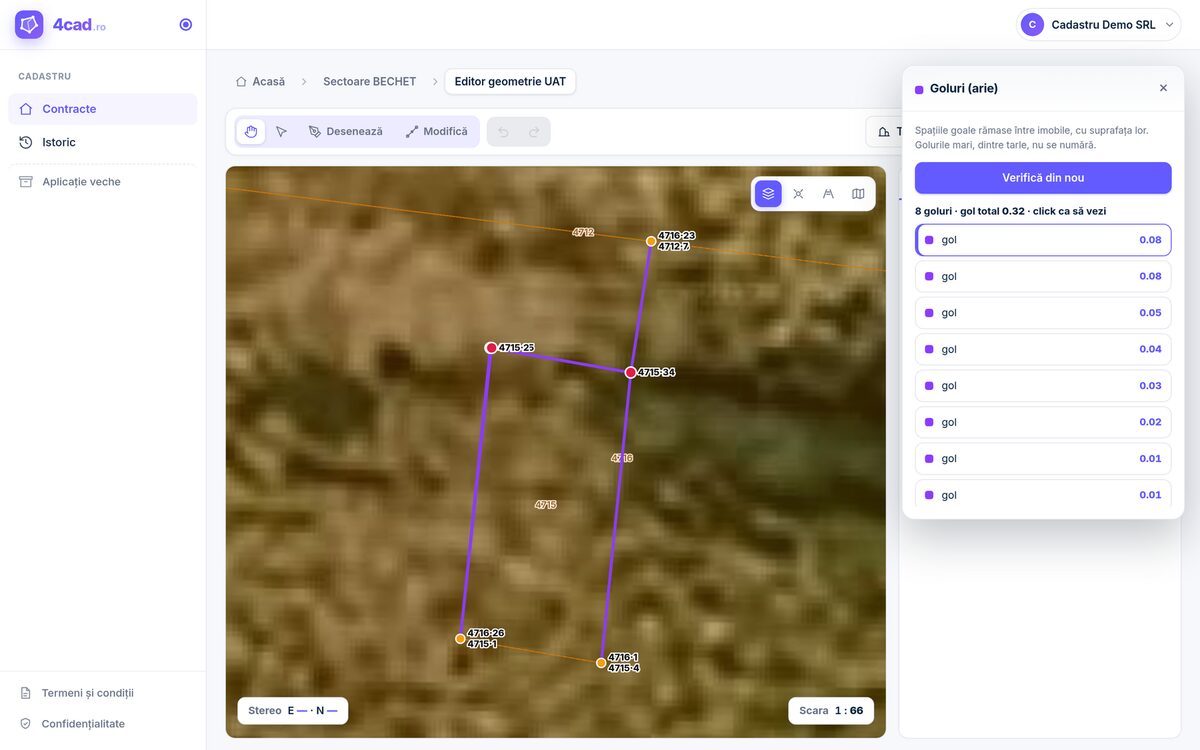 Golurile dintre imobile evidențiate cu violet pe harta din 4cad, cu suprafața fiecărui gol în panoul din dreapta